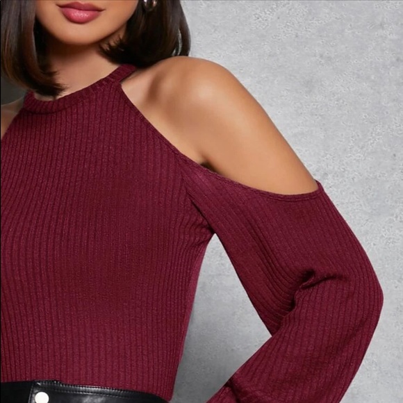 Boho sold shoulder ribbed knit dress burgundy - Picture 14 of 15